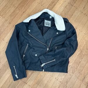Navy Levis Leather Jacket with removable White Collar